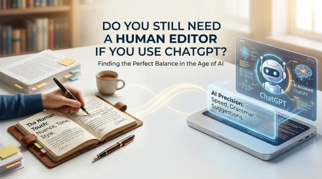 human editing AI content with a professional editor reviewing a manuscript
