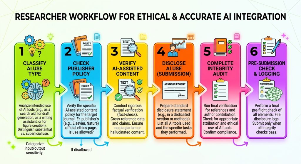 Infographic of the 6-step researcher workflow for ethical AI integration and academic research paper compliance.