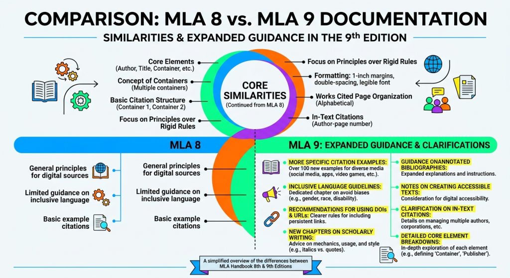 Core similarities and expanded guidance between MLA 8 and MLA 9 documentation standards.