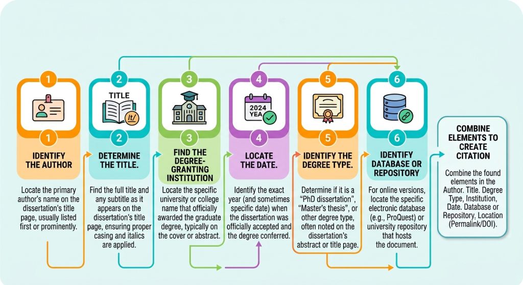 Six steps for creating an MLA 9 thesis and dissertation citation.
