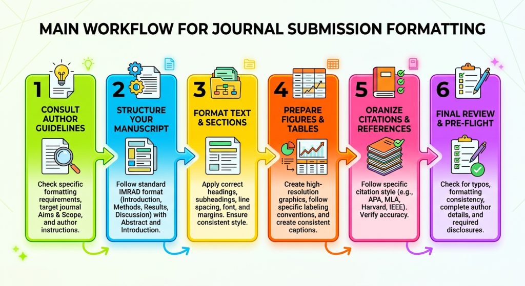 Infographic illustrating the 6-step main workflow for journal submission formatting, from author guidelines to final review.