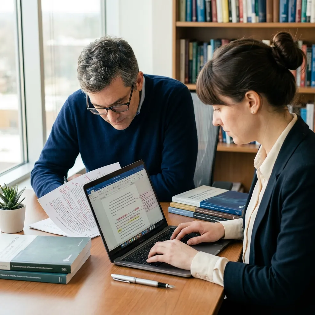 PhD-level academic copy editors reviewing a research manuscript with tracked changes and handwritten corrections at ManuscriptLab - academic copyediting services