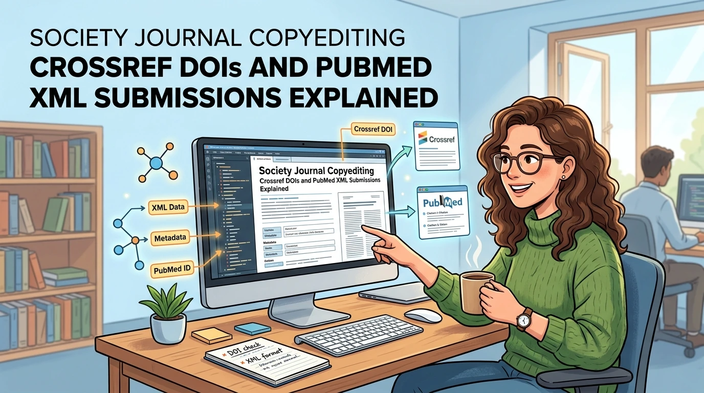 Society journal copyediting workflow showing JATS XML validation, Crossref DOI deposit, PubMed XML submission, and scholarly metadata quality checks.