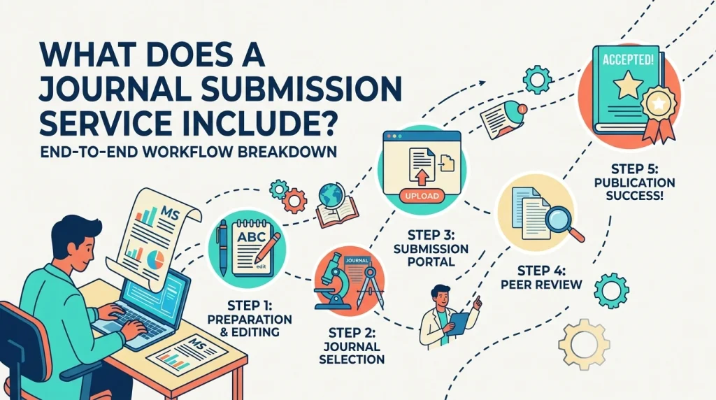 Academic researcher reviewing a journal submission checklist, cover letter, manuscript files, and online journal submission portal.